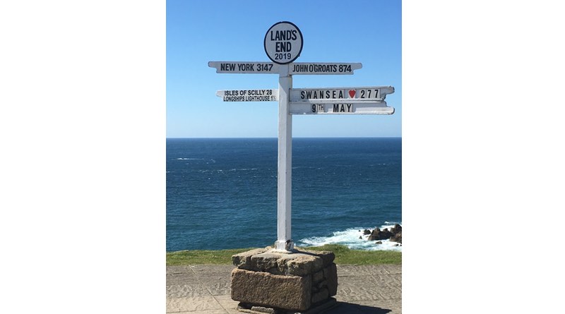 Lands End Cornwall, famous landmark signpost.
Motorhome holiday road trip