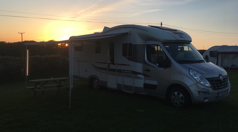 Treverven touring park, St Buryan, Penzance, Cornwall sunset. Motorhome holiday road trip.